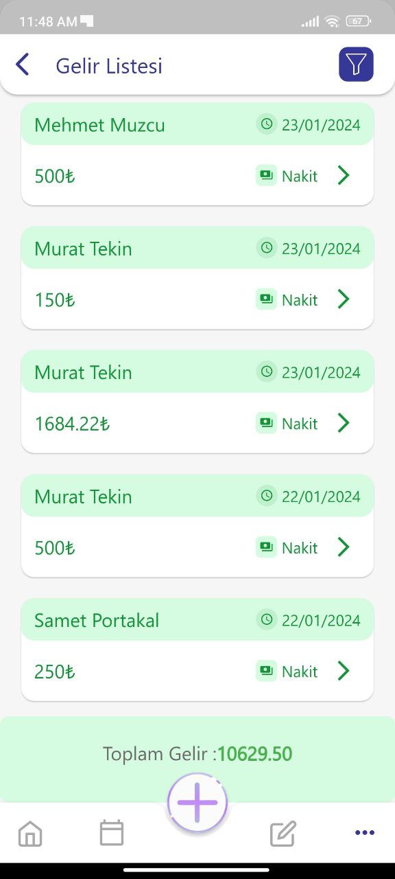 Gelir işlemleri sayfasını gösteren görsel